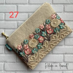 hand made インド刺繍レース付きフラットポーチ（27）（ナチュラル）