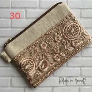 hand made インド刺繍レース付きフラットポーチ30（ナチュラル）