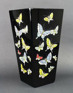 Art hand Auction [Owl] Vintage Elizabeth hand-painted colored glass vase with butterfly, square, square, butterfly, painted, period, glass, cut glass, black, high-quality vase, Craft, Glass, Craft Glass