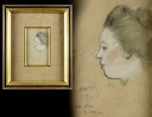 Art hand Auction 保证是真迹。冈田三郎介的美人像, 手绘铅笔画, 1906, 由关西富裕家族拥有[Y75 Suna], 绘画, 油画, 肖像