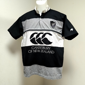 ◆カンタベリー　CANTERBURY　ラグビー　メンズ　半袖ポロシャツ　大ロゴ刺繍　Lサイズ　ブラック × グレー　ラガーシャツ