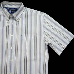 72■トミーヒルフィガー TOMMY HILFIGER 80's two ply cotton ストライプ半袖ボタンダウンシャツ/Mサイズ （クリーニング済）【送料300円】