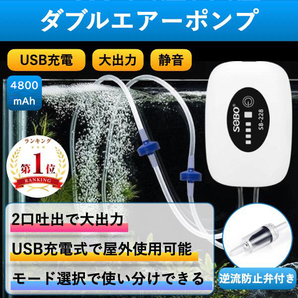 エアーポンプ 水槽ポンプ 小型 電池内蔵4800mAh 酸素提供 2口搭載 USB充電 軽量