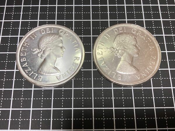 【カナダ】エリザベス1ドル銀貨(1963年、1964年)2枚セットで