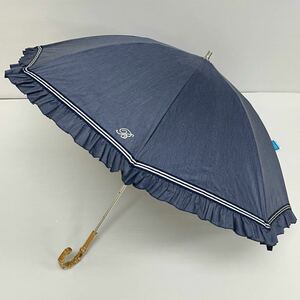 新品52371 Blaoブラオ＊紺ネイビーデニム風 フリル サマーシールドLi 1級遮光晴雨兼用折日傘雨傘 遮蔽遮光UV機能付き プチパラ