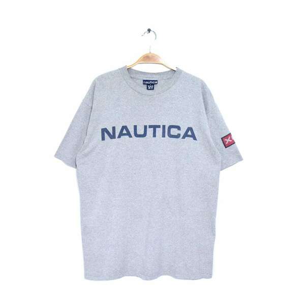 【送料無料】90s ノーティカ USA製 ロゴプリント Tシャツ XCIX 霜降りグレー オールド NAUTICA サイズM 古着 @BZ0245