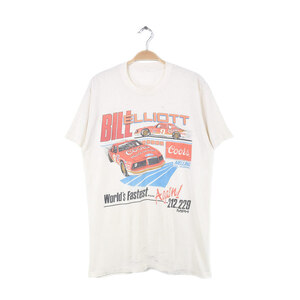 【送料無料】80s ビルエリオット ナスカー ヴィンテージ Tシャツ レーシング 袖裾シングルステッチ 生成り白 メンズL相当 古着 @BZ0249