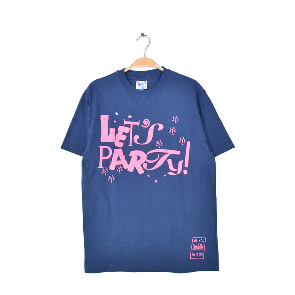 【送料無料】90s ヘインズ USA製 ヴィンテージ Tシャツ 紺 ネイビー LET'S PARTY! 袖裾シングルステッチ ヘビーコットン メンズM @BZ0257