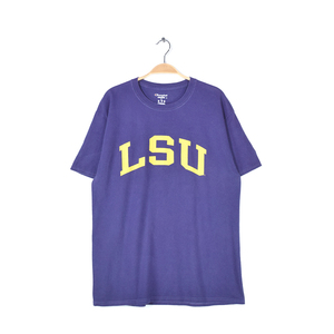 【送料無料】チャンピオン カレッジロゴ Tシャツ アーチロゴ 紫黄 LSU CHAMPION サイズL 古着 @BD0030