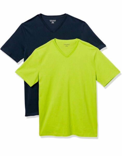 マルチパック Tシャツ Vネック スリムフィット 半袖 メンズ　2点セット シンプル　夏　無地　黒　黄緑　スポーツ　運動　パジャマ