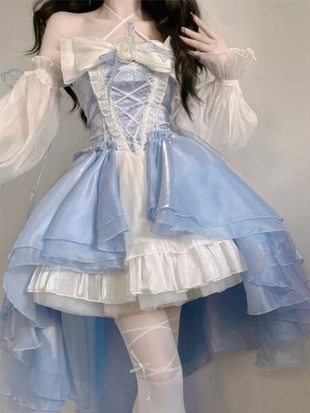【5/17限りの価格】お姫様♪バラ模様の可愛いロリータワンピース♪青スカートドレス