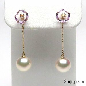 真珠屋さん 可愛い貴石の花【ホワイトピンク】最高の色！7.3mm アコヤ真珠 2Way K18ロングピアス 伊勢志摩産パール 18金 新品