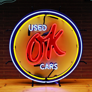 看板 ネオンサイン/OKユーズドカー OK USED CARS 高さ60.5×横60.5×奥行き15.5cm （デザイン部サイ