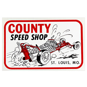 ヴィンテージレーシングデカール ”COUNTY SPEED SHOP” 縦6.9×横10.8cm クリアフィルムタイプ