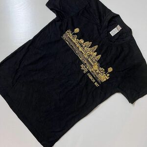 US 古着　Tシャツ　アンコールワット　ブラック　刺繍　ゴールド　カンボジア　世界遺