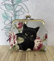 がま口 / ポーチ / 財布 / 小物入れ / ハンドメイド☆黒猫＆薔薇・ブルーグレー14_画像2