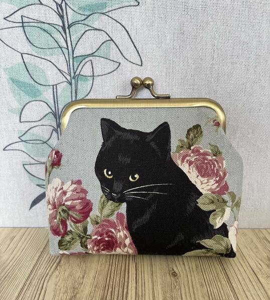 がま口 / ポーチ / 財布 / 小物入れ / ハンドメイド☆黒猫＆薔薇・ブルーグレー14