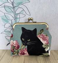 がま口 / ポーチ / 財布 / 小物入れ / ハンドメイド ☆ 黒猫&薔薇・スモークグリーン_画像1