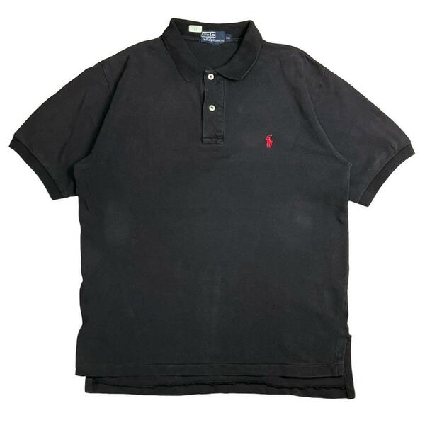 90s ポロ　ラルフローレン　ポロシャツ　半袖　ゴルフ　ブラック　黒　ロゴ　刺繍