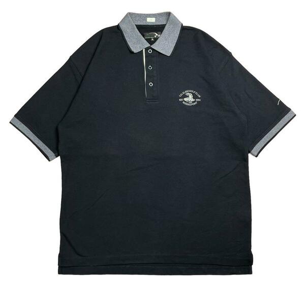 ポロシャツ　半袖　ゴルフ　ブラック　アドバタイジング　コントラスト　ロゴ　刺繍