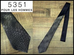 ◆ クリーニング済 極美品 日本製 5351 POUR LES HOMMES 5351プールオム 銀糸 パイソン ヘビ柄 黒 無地 切替 シルク ナロータイ ネクタイ