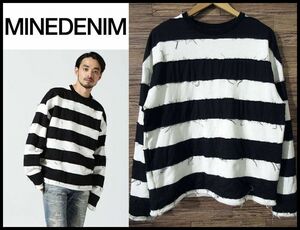 ◆ 美品 MINEDENIM マインデニム Bold Denim Border Crew Neck Pullover デニム ボーダー クルーネック プルオーバー スウェット 白 黒 1