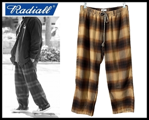 送無 名作 RADIALL ラディアル MOON STOMP WIDE FIT EASY PANTS ムーン ストンプ ワイド フィット オンブレ チェック イージー パンツ 茶 L