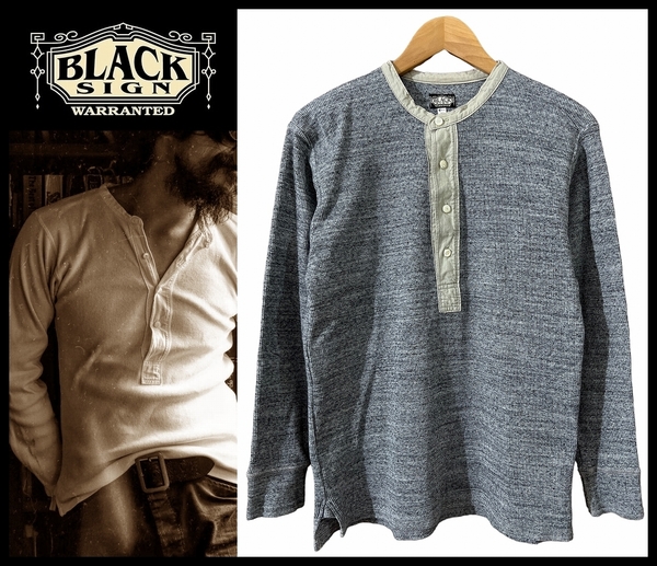 送無 美品 BLACK SIGN ブラックサイン Henley Neck Amish Underwear 肉厚 ヘビーウェイト 1920s ヘンリーネック 長袖 カットソー Tシャツ L