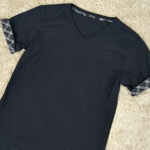 1 jpy start Burberry Black Label T-shirt hose Logo navy noba check M BURBERRY BLACK LABEL short sleeves V neck 