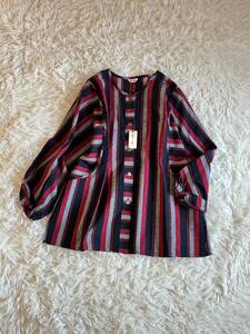  made in Japan new . abrasion. . Indigo pongee pile . weave * Kurume . easy size * red / black series stripe * blouse ②