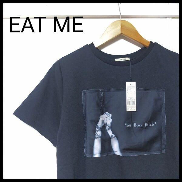 eatme/イートミー 新品タグ付き Tシャツ かっこいい レディース トップス プリント 綿 半袖 カットソー ブラック