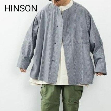 美品 Hinson/ヒンソン　ノーカラーオーバーサイズシャツ　ストライプシャツ 古着 長袖 シャツ