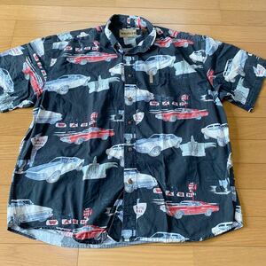 Magellan aloha shirt Classic car total pattern cotton button down shirt black XL short sleeves summer thing big Silhouette ..dabo