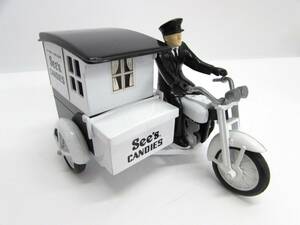 当時物 レトロ See's CANDIES Motorcycle Delivery 配達バイク 宣伝カー サイドカー フィギュア ミニカー インテリア 置物 