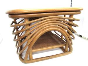 昭和レトロ ラタンテーブル サイドテーブル 木製天板 籐家具 籐 ラタン インドネシア製 幅:約60×高さ:約40cm　【引き取り歓迎　札幌】