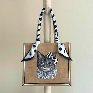 オリジナル 猫 縁有 手描き ジュートバッグ ねこ ネコ 鞄 size M ドット スカーフ 付　カゴバッグ かごバッグ