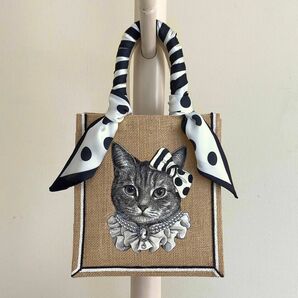 オリジナル 猫 縁有 手描き ジュートバッグ ねこ ネコ size S ドット スカーフ 付　カゴバッグ かごバッグ