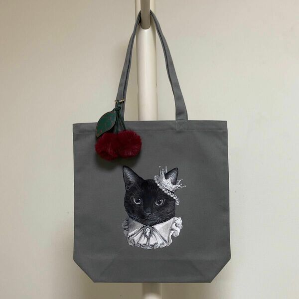 オリジナル トートバッグ 黒猫 手描き オリジナルイラスト 鞄 チャーム バッグチャーム 黒 sizeL