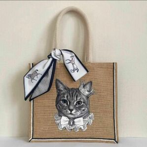 オリジナル 猫 手描き ジュートバッグ ねこ ネコ 鞄 size M ツイリースカーフ付 かごバッグ