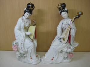 A6093　骨董品　中国　置物　美女　2点　琵琶　箜篌　陶器　東洋彫刻