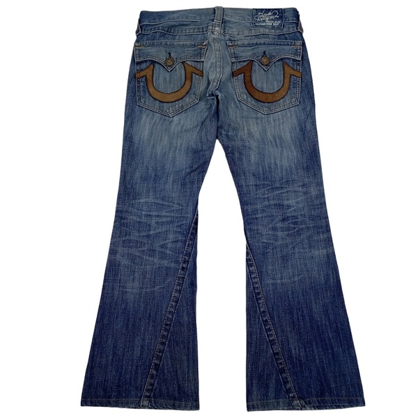 即決★USA製 TRUE RELIGION トゥルーレリジョン バック ステッチ レザー フラップ ポケット ブーツカット デニム W32 フレア【送料無料】