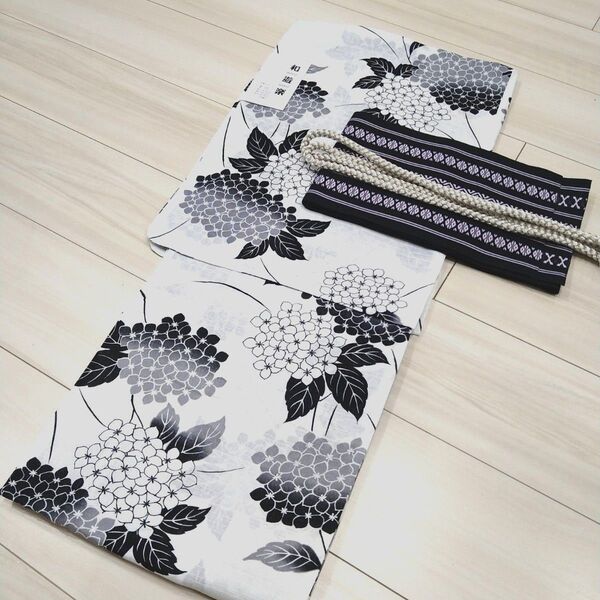 新品☆呉服屋♪綿麻・粋モダン!暈し紫陽花 夏着物 浴衣3点セット