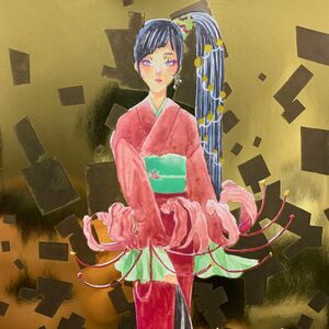 和風女の子。彼岸花。手描きイラスト水彩複製原画箔押し印刷 水彩画