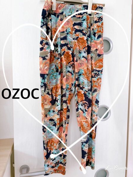 【OZOC】花柄テーパードリラックスパンツ　ネイビー