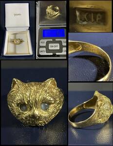 K18 stamp cat's-eye gold cat ring diamond ring 0.60/0.01ct gross weight 6.1g yellow gold gold ring precious metal gem gold .. free shipping 