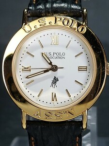 美品 U.S.POLO ユーエスポロ ASSN アッスン アナログ クォーツ ヴィンテージ 腕時計 ホワイト文字盤 ゴールド レザーベルト 新品電池交換