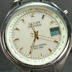 ELGIN エルジン FK-1358-AP 腕時計 電波ソーラー アナデジ ステンレススチール グレー×ゴールド文字盤 メンズ ラウンド タキメーター