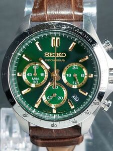 超美品 SEIKO セイコー SPIRIT スピリット 5T63-00D0 アナログ クォーツ 腕時計 グリーン文字盤 クロノグラフ レザーベルト 電池交換済み