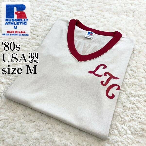 80sプリントタグUSA製 RUSSELL ATHLETIC リンガーTシャツM ラッセルアスレティック フットボールT