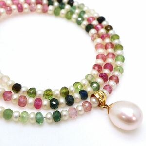 ＊K18/K14天然トルマリン/本真珠ネックレス＊m 約7.1g 約42.0cm tourmaline pearl necklace jewelry DC0/DD0